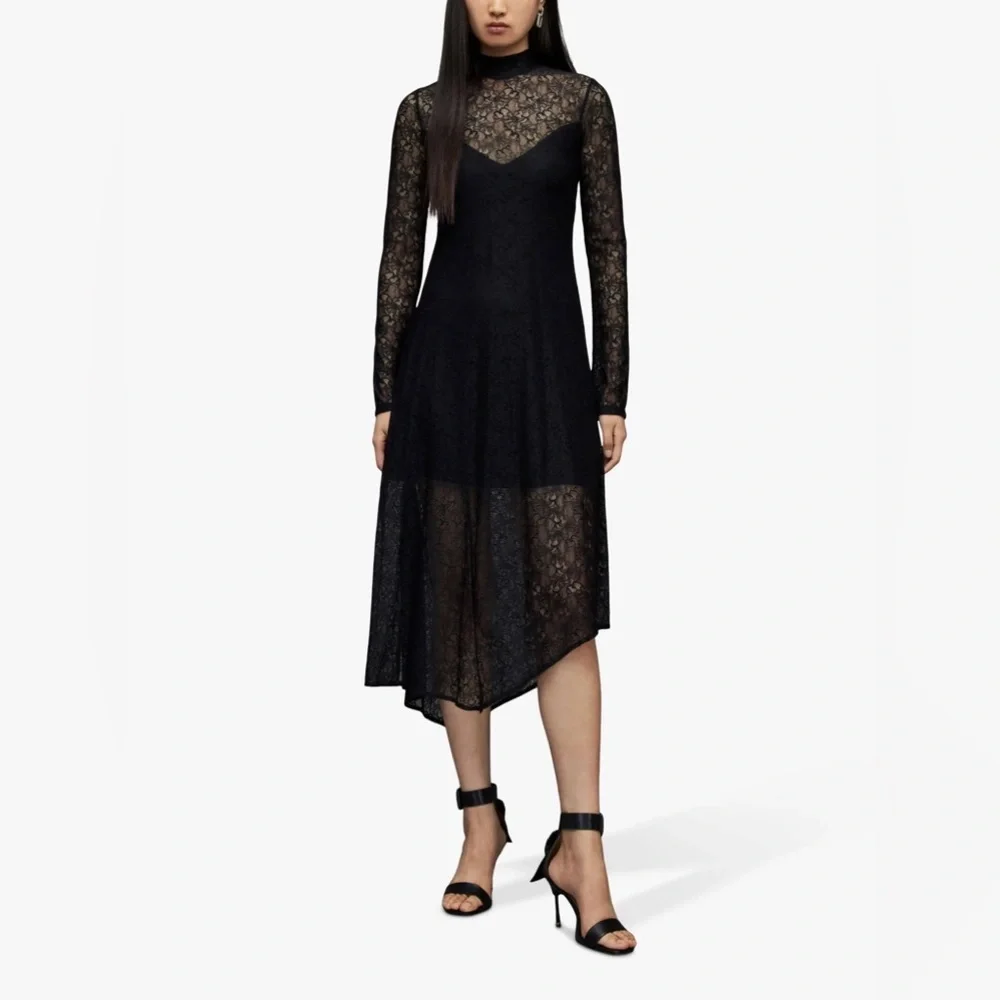 NWT All Saints Hanna Lace Black Asymmetrical Mock Neck Midi Dress Size US 8 - Picture 6 of 16